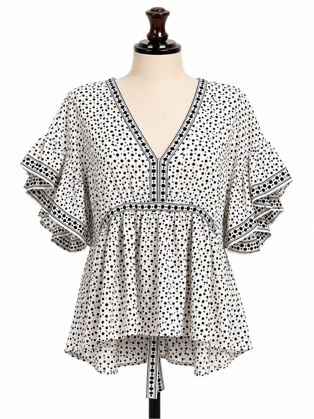 Max Studio Black and White Dot Print V-Neck Peplum Top large